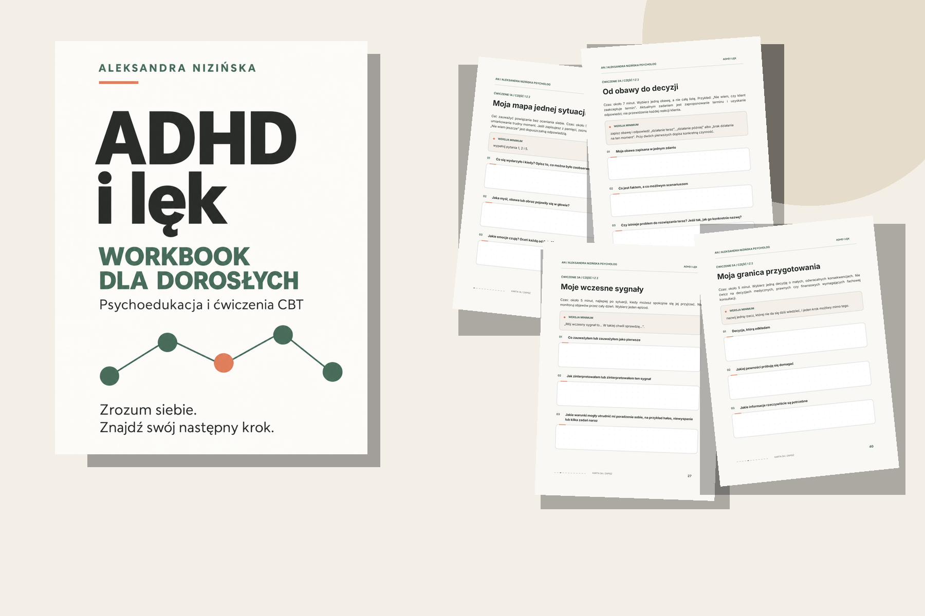 Workbook ADHD i lęk — okładka i przykładowe strony